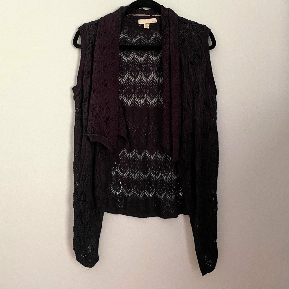 oneA Crochet Cardigan Cowl Neck Open Knit Sweater L Boho Lightweight Layering